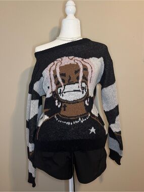 Off-Shoulder Black & Gray Graphic Knit Sweater